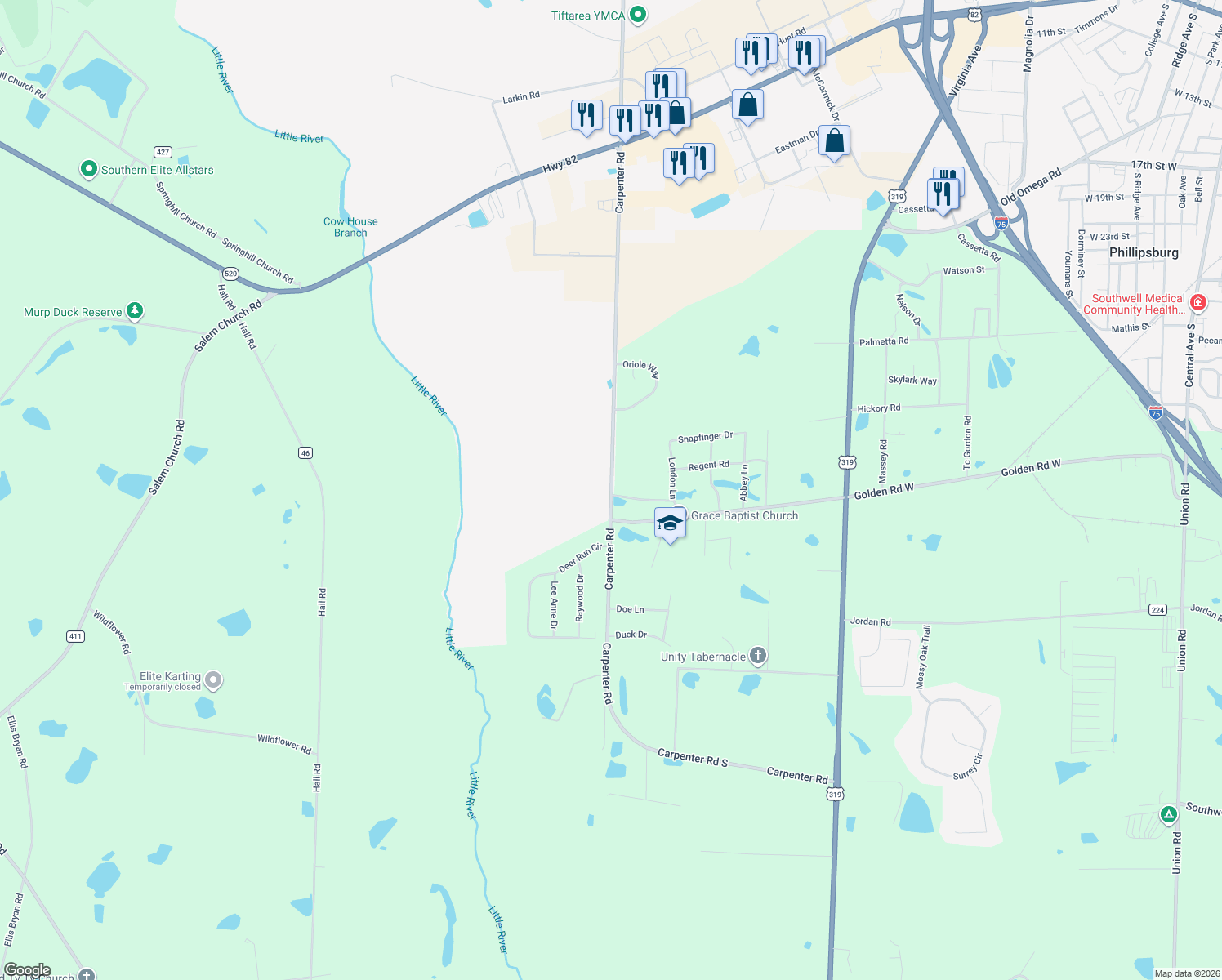 map of restaurants, bars, coffee shops, grocery stores, and more near 4554 Carpenter Road in Tifton