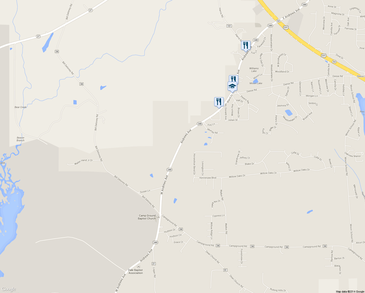 map of restaurants, bars, coffee shops, grocery stores, and more near 3095 Andrews Avenue in Ozark