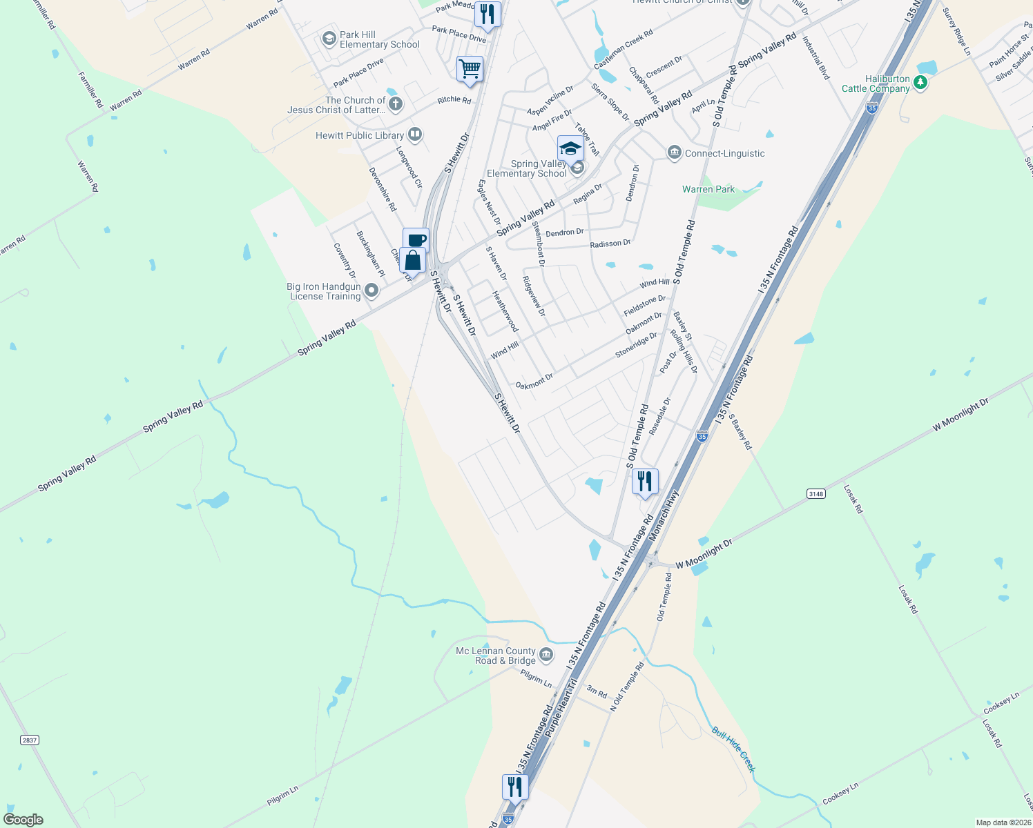 map of restaurants, bars, coffee shops, grocery stores, and more near 1321 Darbyton Drive in Hewitt