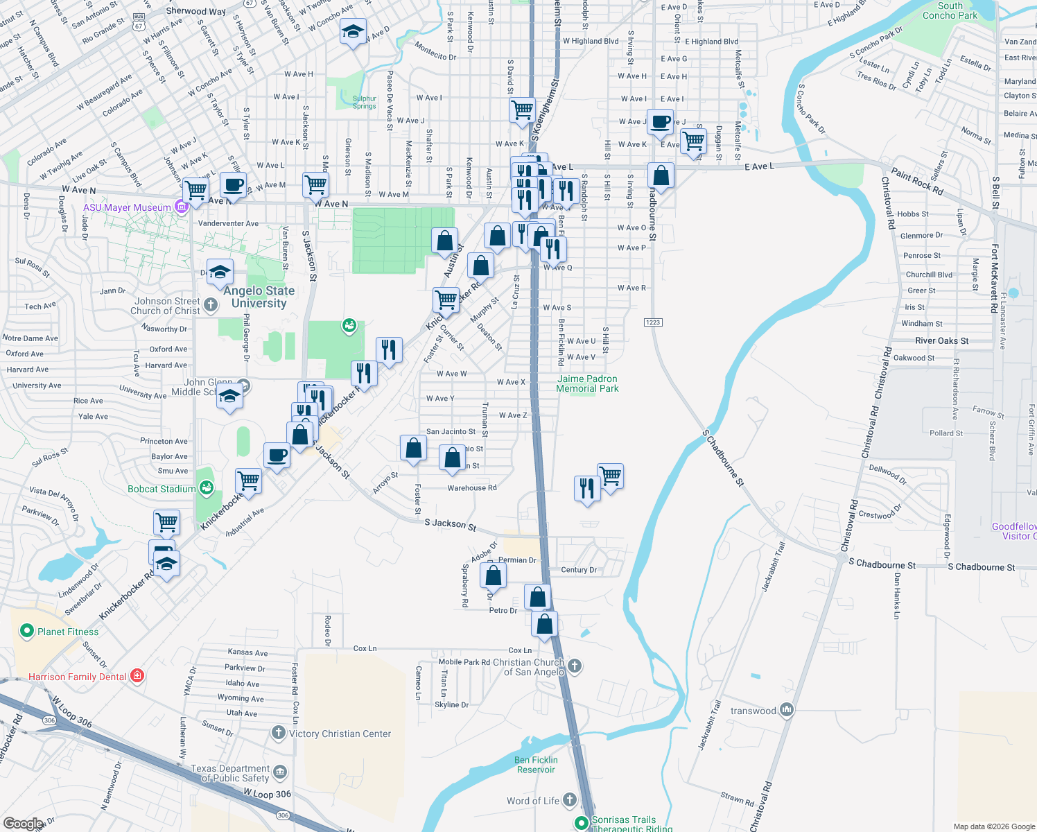 map of restaurants, bars, coffee shops, grocery stores, and more near 2899 Monterrey St in San Angelo