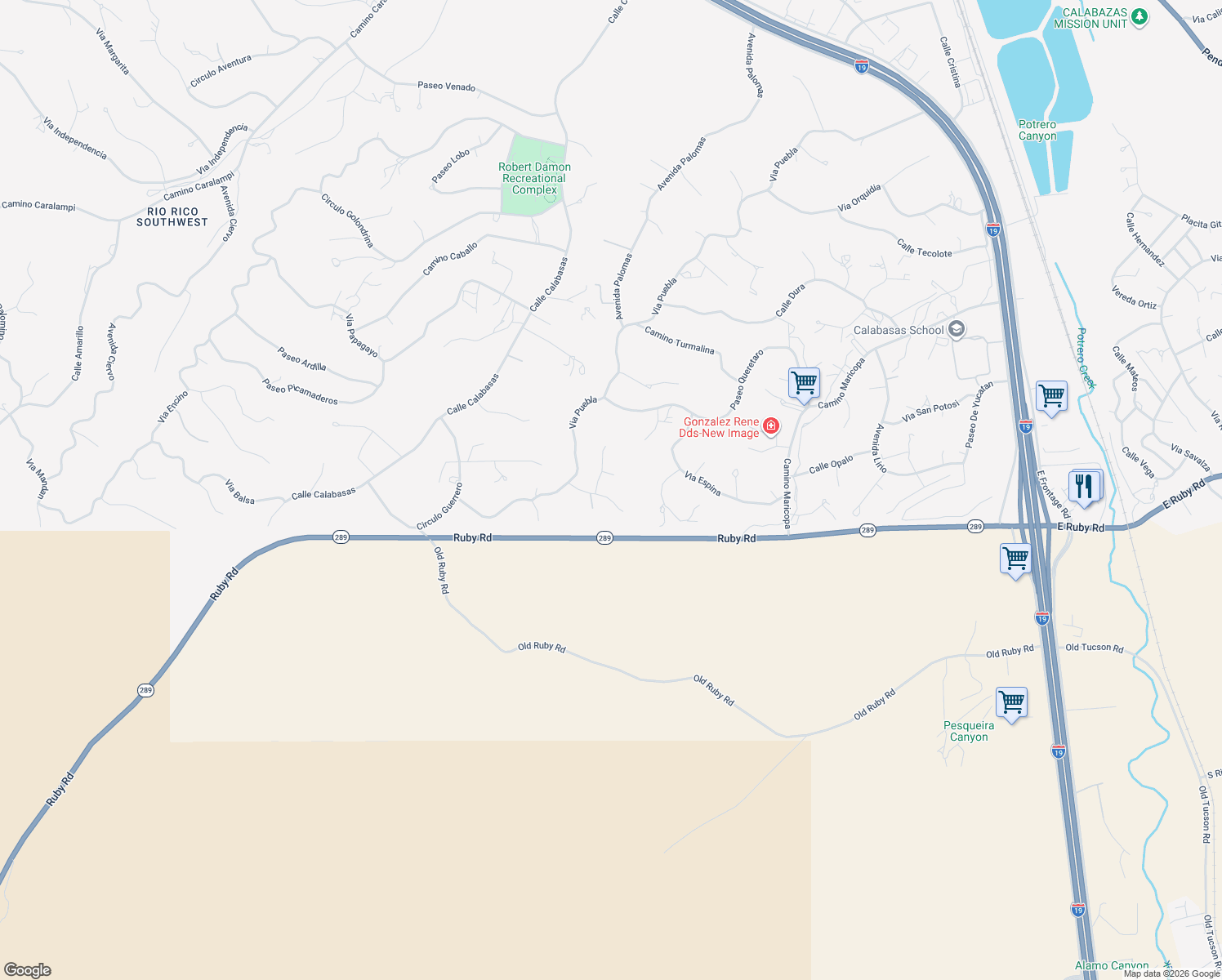 map of restaurants, bars, coffee shops, grocery stores, and more near 279 Rayo Court in Rio Rico