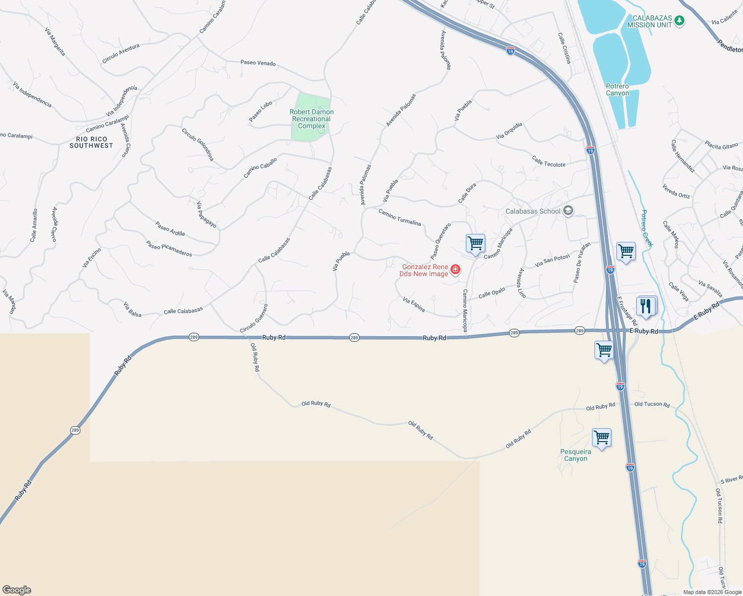 map of restaurants, bars, coffee shops, grocery stores, and more near 279 Rayo Court in Rio Rico