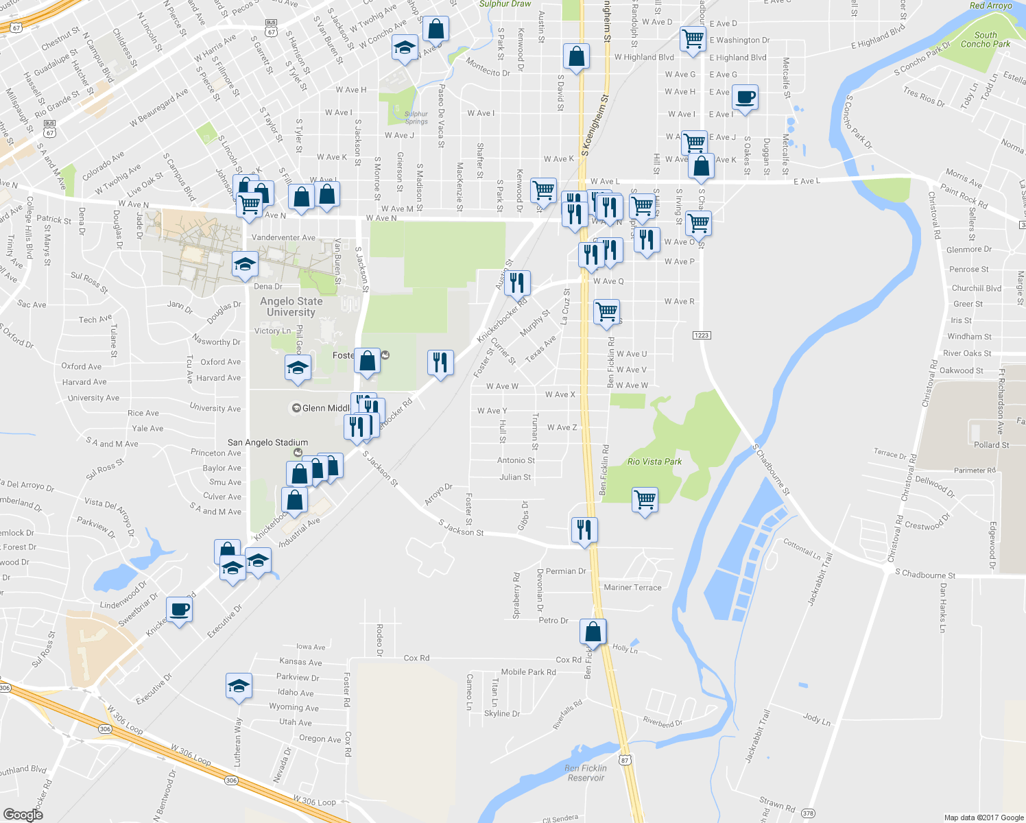 map of restaurants, bars, coffee shops, grocery stores, and more near 733 West Avenue Y in San Angelo