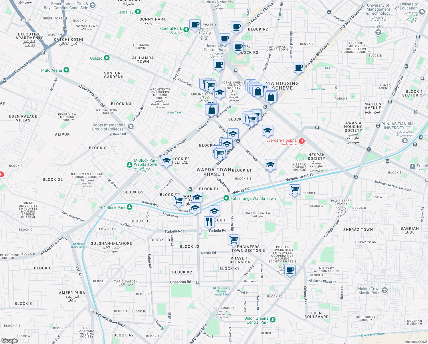 map of restaurants, bars, coffee shops, grocery stores, and more near in Lahore