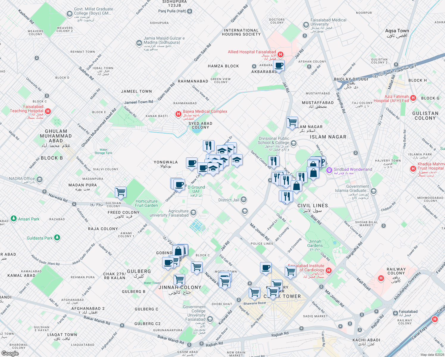 map of restaurants, bars, coffee shops, grocery stores, and more near University of Agriculture Main Road in Faisalabad