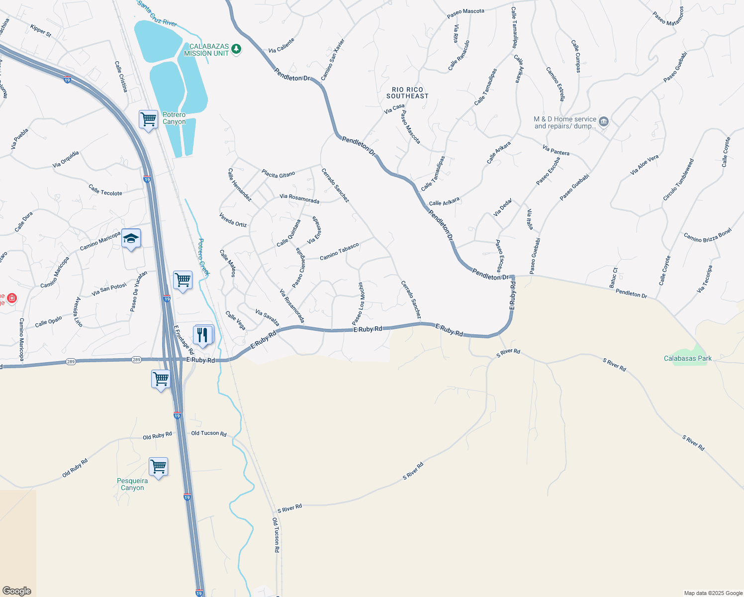 map of restaurants, bars, coffee shops, grocery stores, and more near 165 Entrada Court in Rio Rico