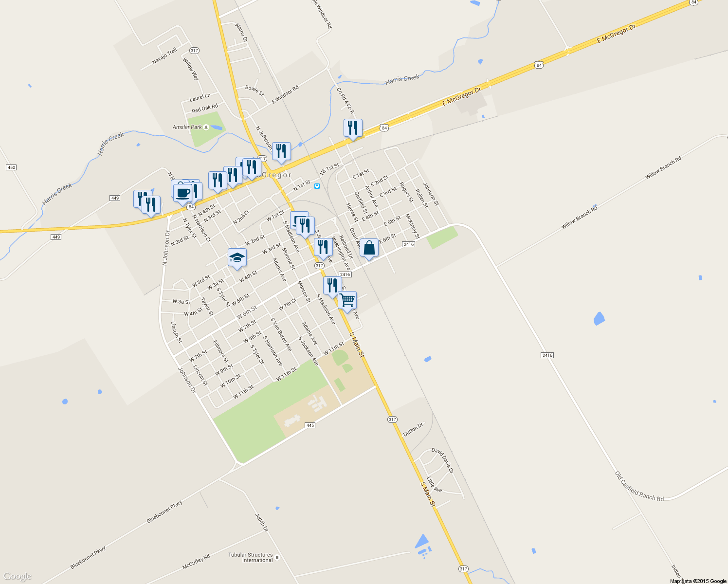 map of restaurants, bars, coffee shops, grocery stores, and more near 108 W 9th St in McGregor