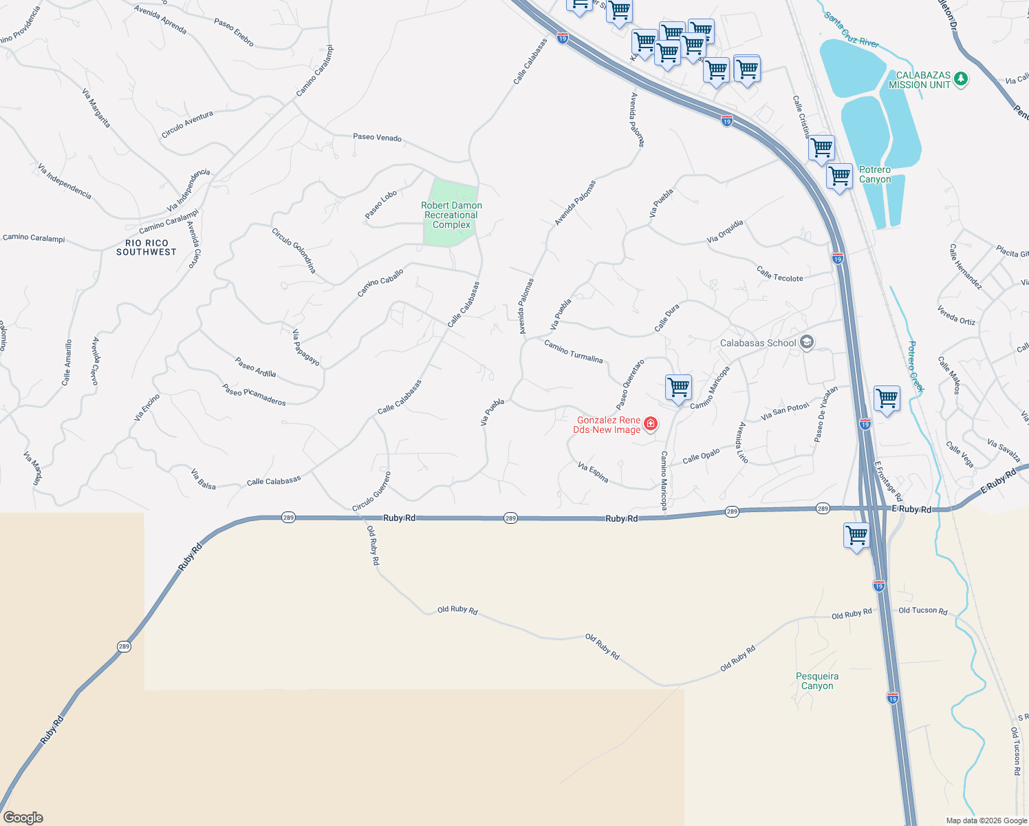 map of restaurants, bars, coffee shops, grocery stores, and more near 915 Via Puebla in Rio Rico