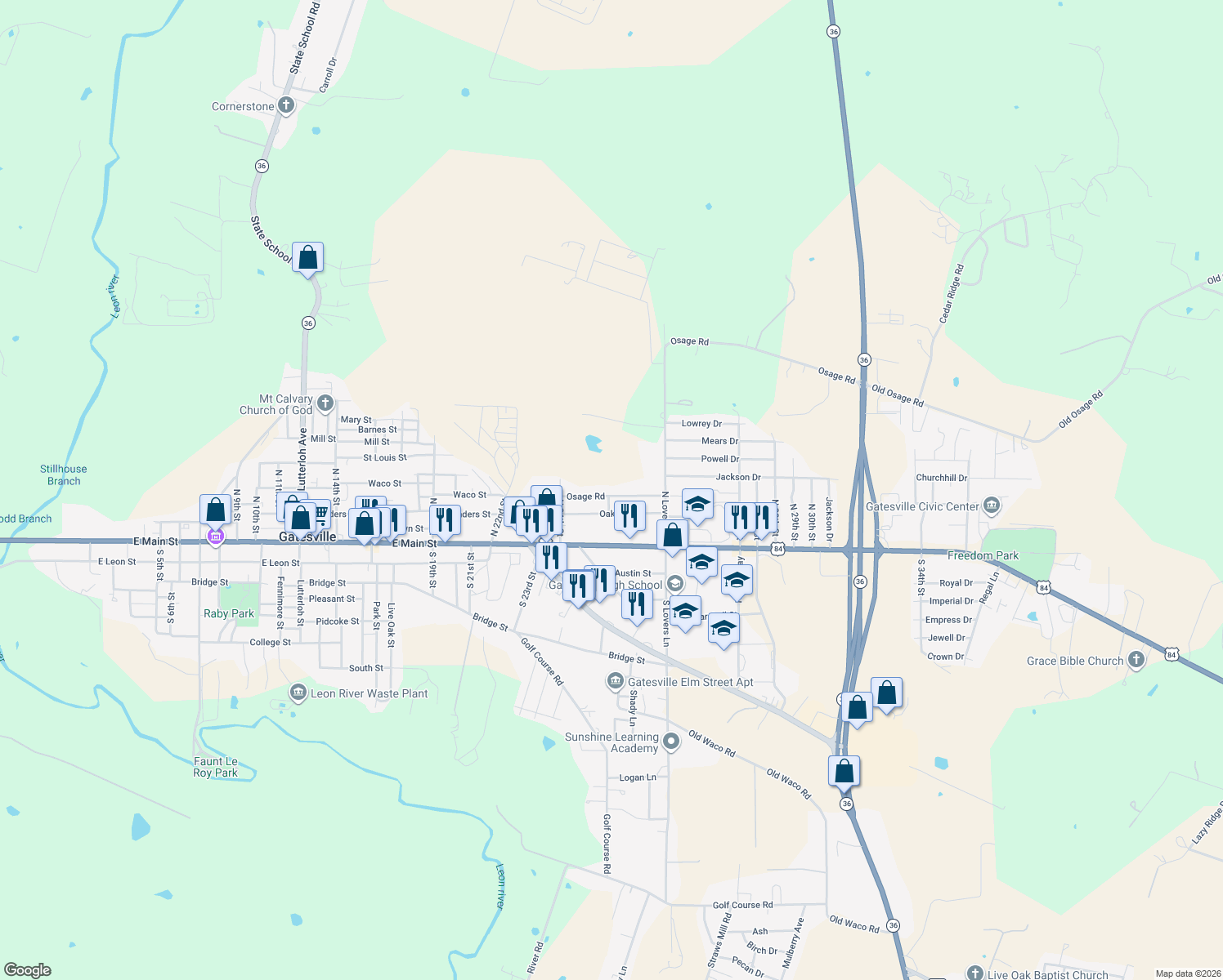 map of restaurants, bars, coffee shops, grocery stores, and more near 2421 Osage Road in Gatesville