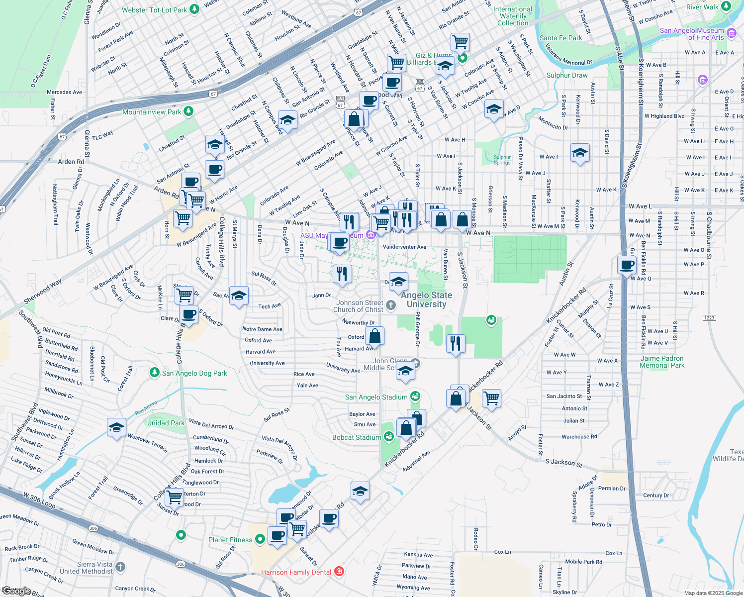 map of restaurants, bars, coffee shops, grocery stores, and more near 2210 Delker Drive in San Angelo
