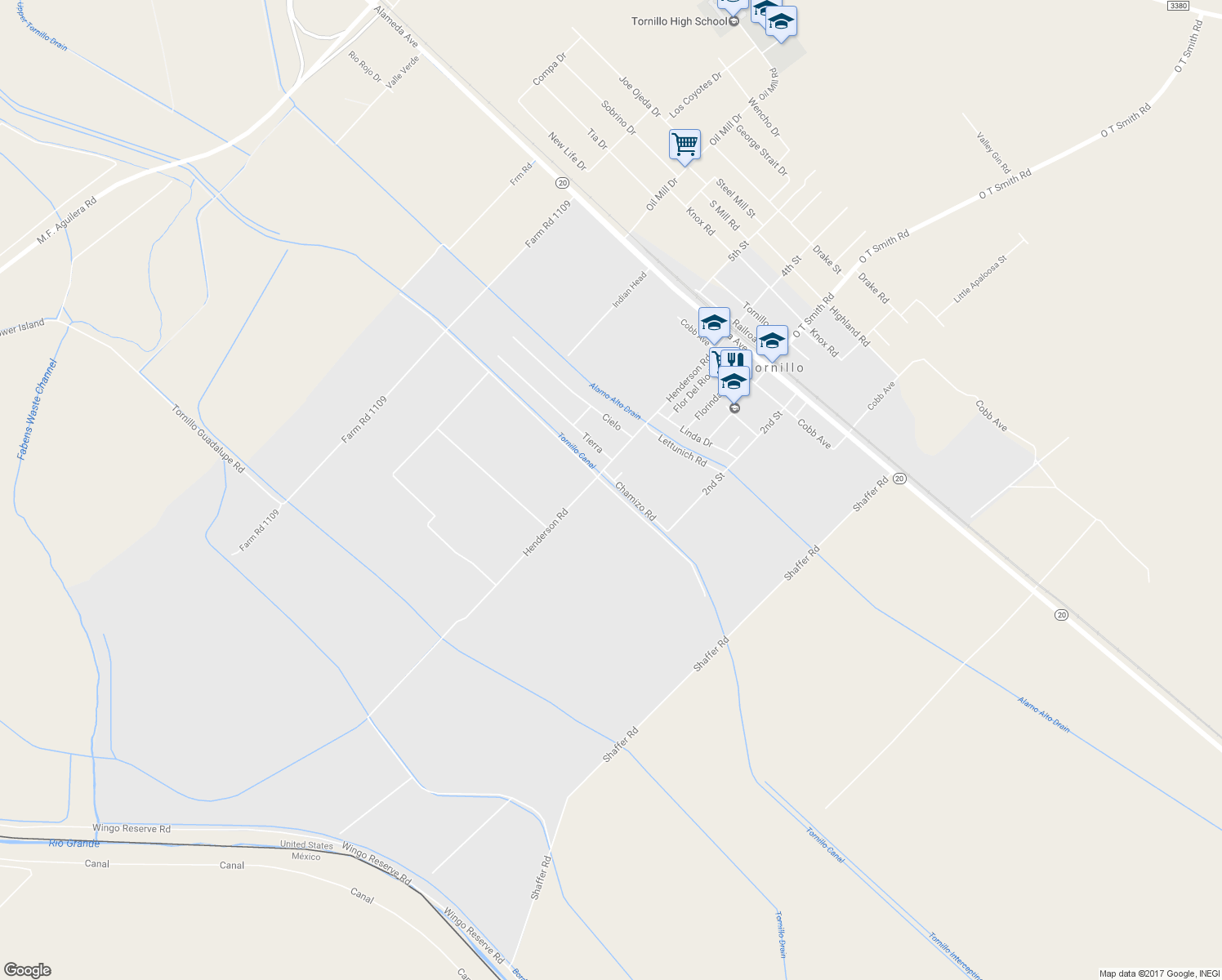 map of restaurants, bars, coffee shops, grocery stores, and more near 19160 Rancho Road in Tornillo