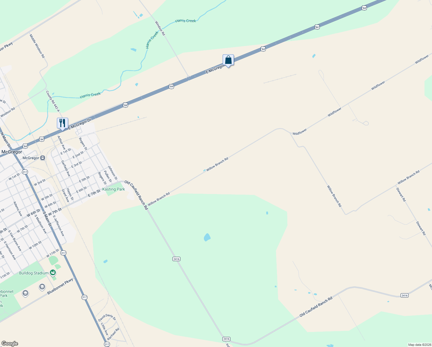 map of restaurants, bars, coffee shops, grocery stores, and more near 3439 Willow Branch Road in McGregor
