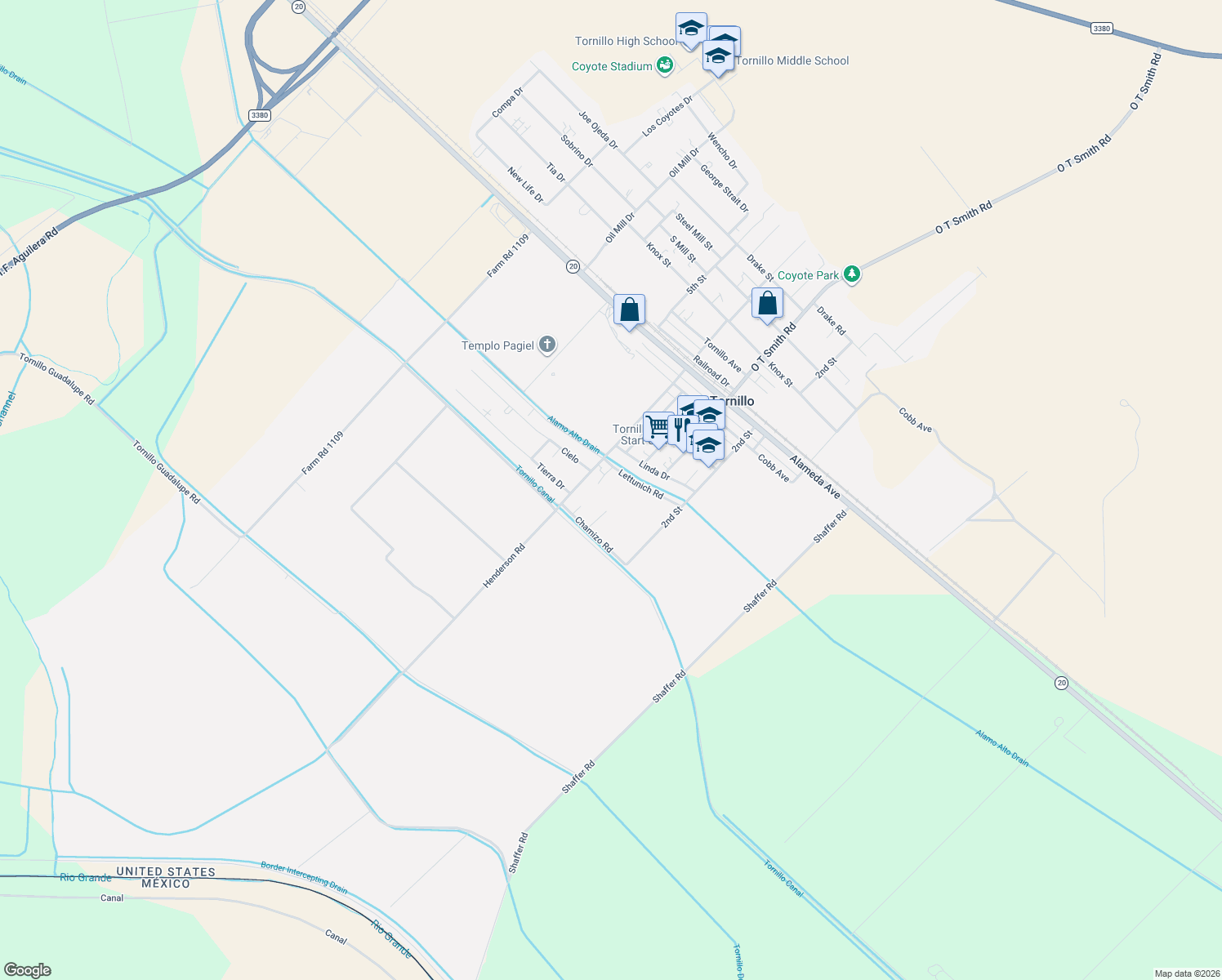 map of restaurants, bars, coffee shops, grocery stores, and more near 19148 Los Lettunich Road in Tornillo