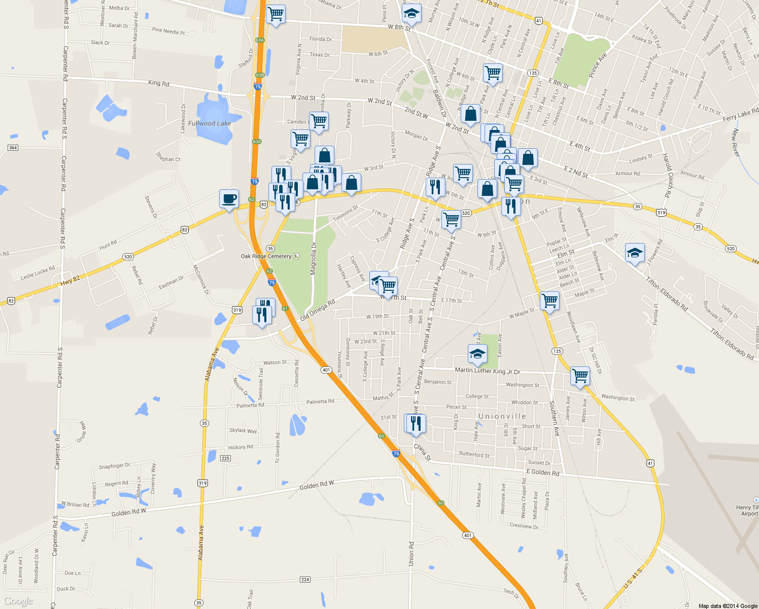 map of restaurants, bars, coffee shops, grocery stores, and more near 1706 Ridge Avenue South in Tifton