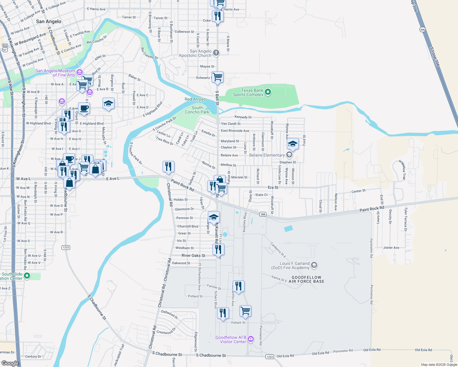 map of restaurants, bars, coffee shops, grocery stores, and more near 1418 Fulton Street in San Angelo