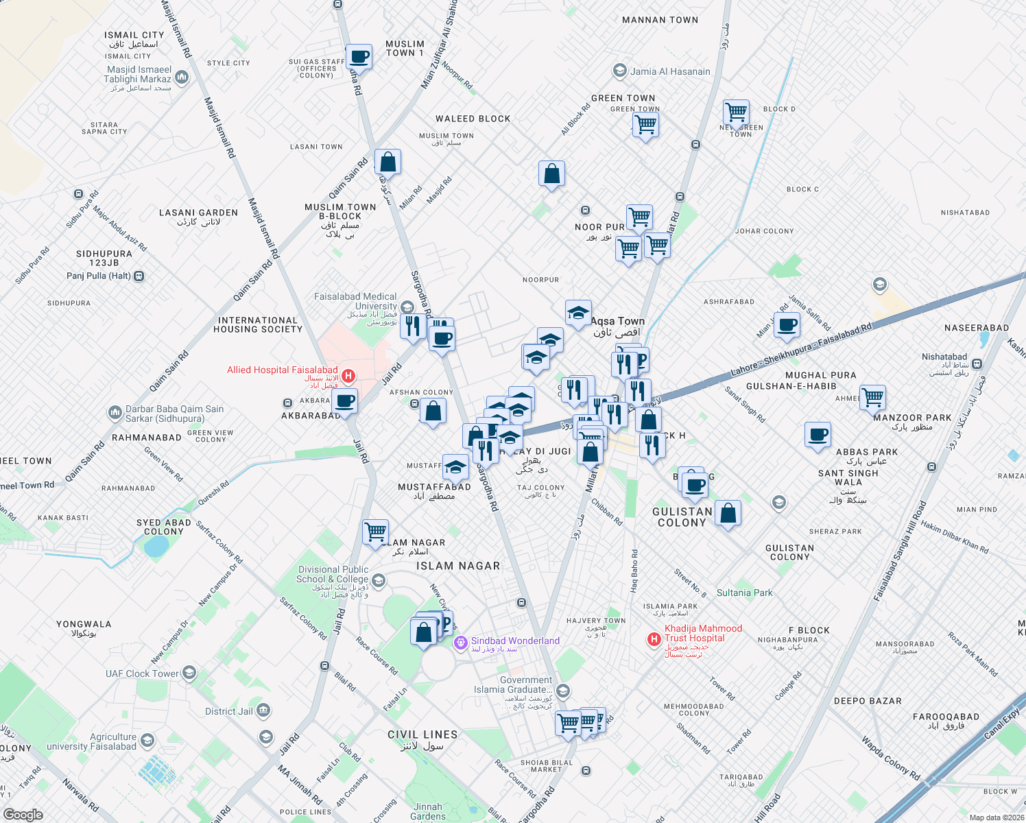 map of restaurants, bars, coffee shops, grocery stores, and more near Noorpur Road in Faisalabad