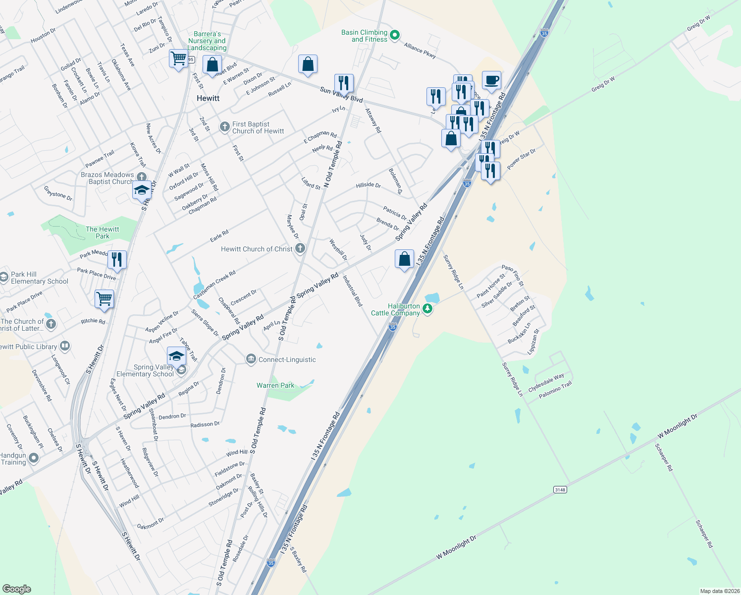 map of restaurants, bars, coffee shops, grocery stores, and more near 1045 Dane Drive in Hewitt