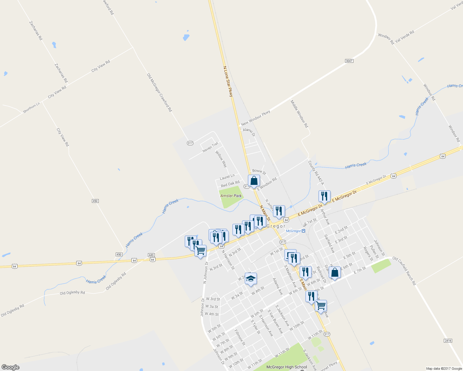 map of restaurants, bars, coffee shops, grocery stores, and more near 116 Red Oak Rd in McGregor