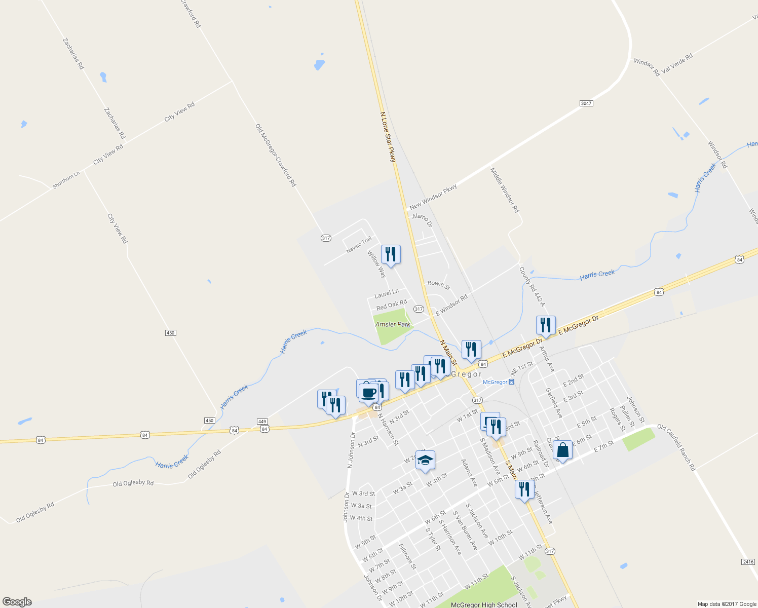 map of restaurants, bars, coffee shops, grocery stores, and more near 123 Red Oak Rd in McGregor