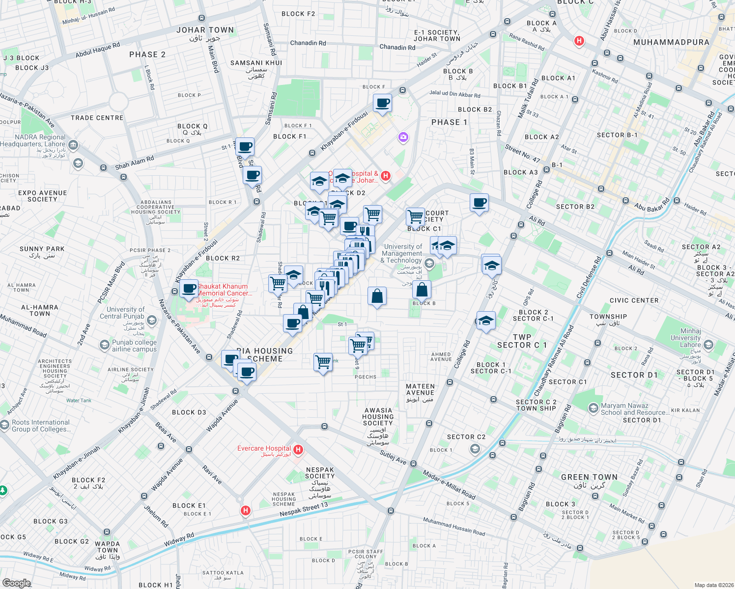 map of restaurants, bars, coffee shops, grocery stores, and more near 185 PIA Main Boulevard in Lahore