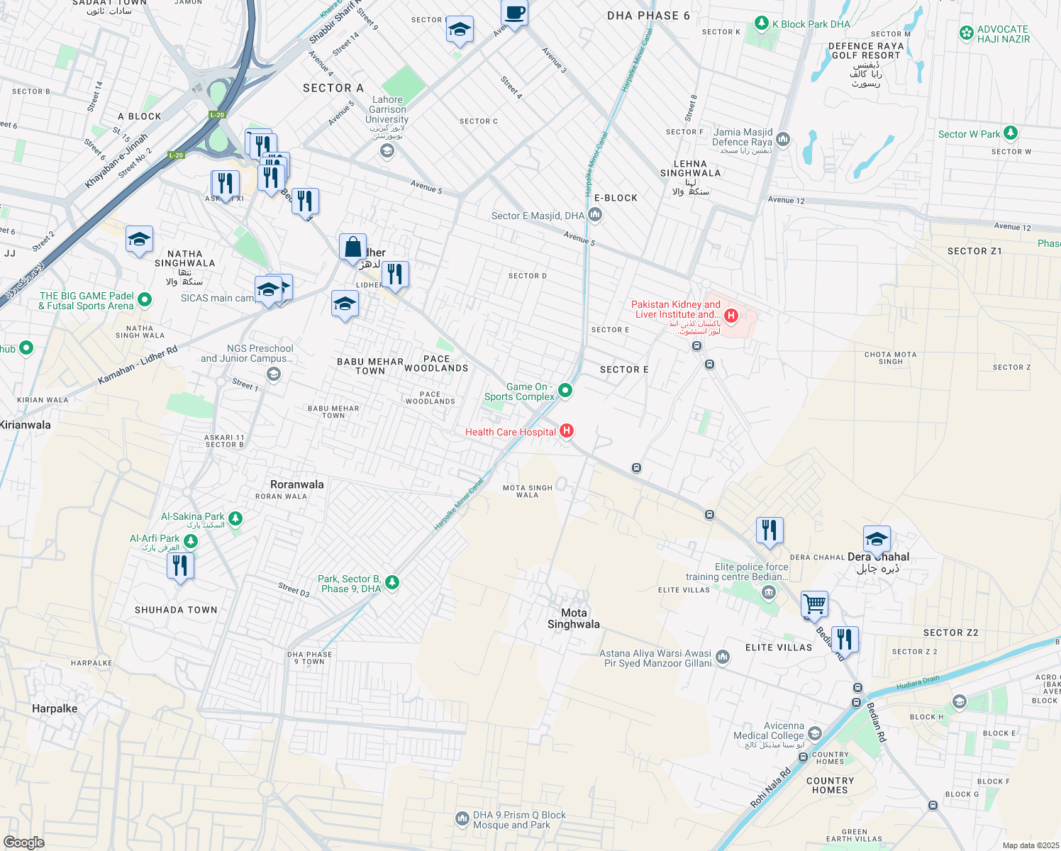 map of restaurants, bars, coffee shops, grocery stores, and more near in Lahore