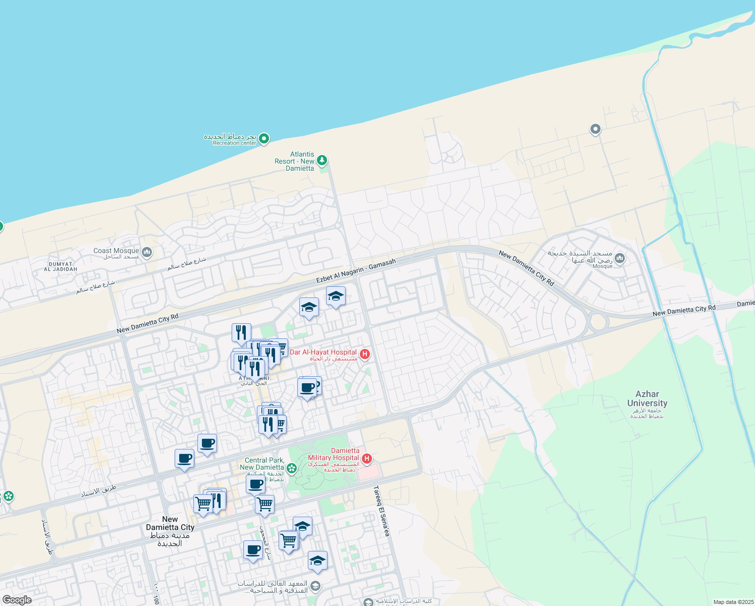 map of restaurants, bars, coffee shops, grocery stores, and more near in New Damietta