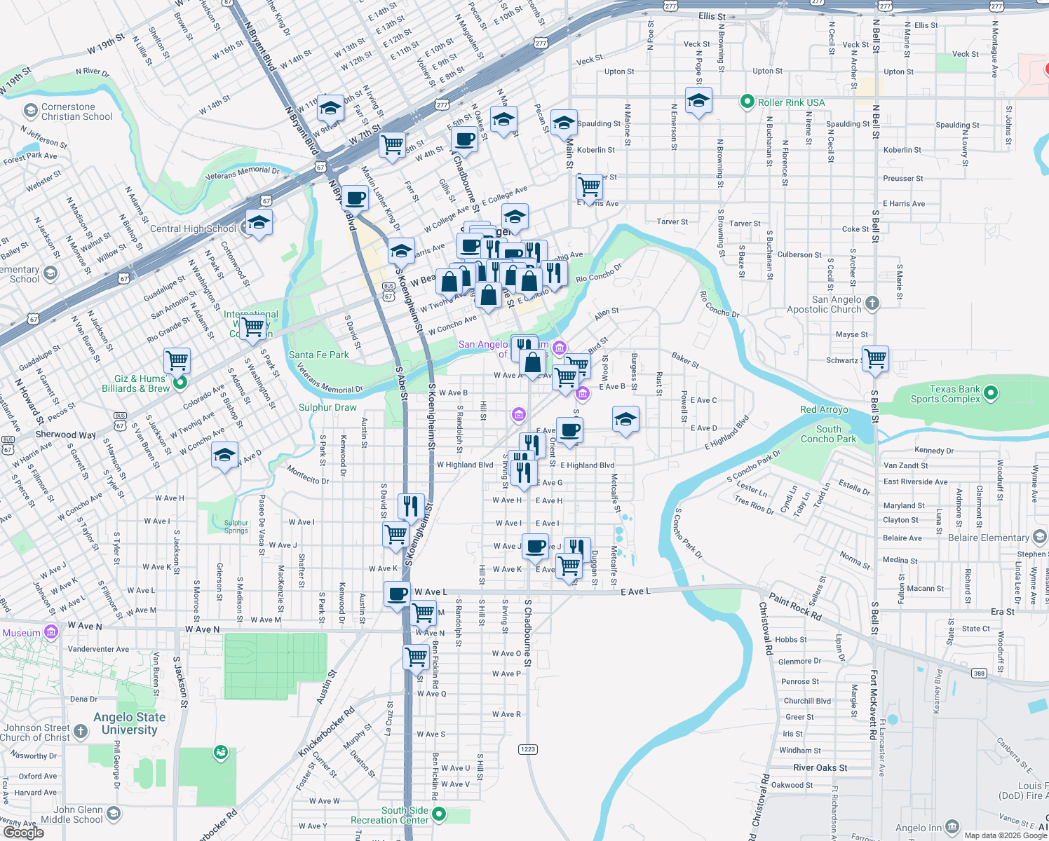 map of restaurants, bars, coffee shops, grocery stores, and more near 194 Hardeman Pass in San Angelo