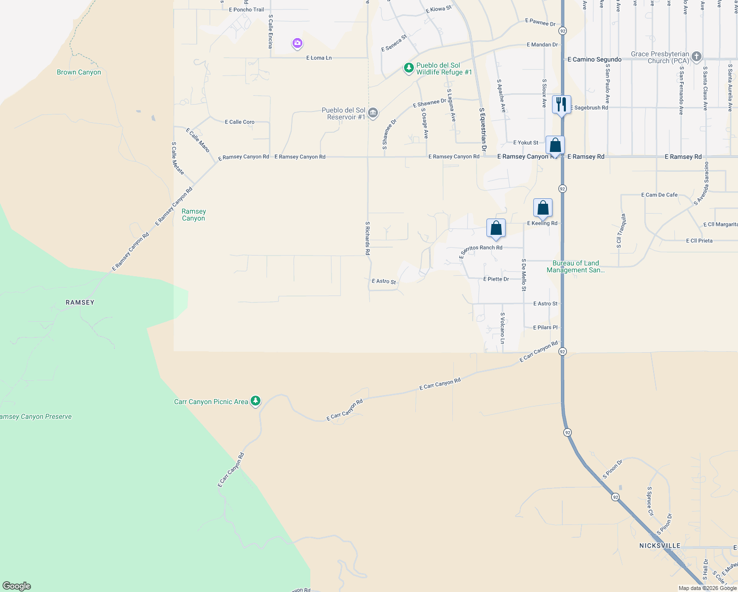 map of restaurants, bars, coffee shops, grocery stores, and more near South Emerald Falls Drive in Sierra Vista Southeast
