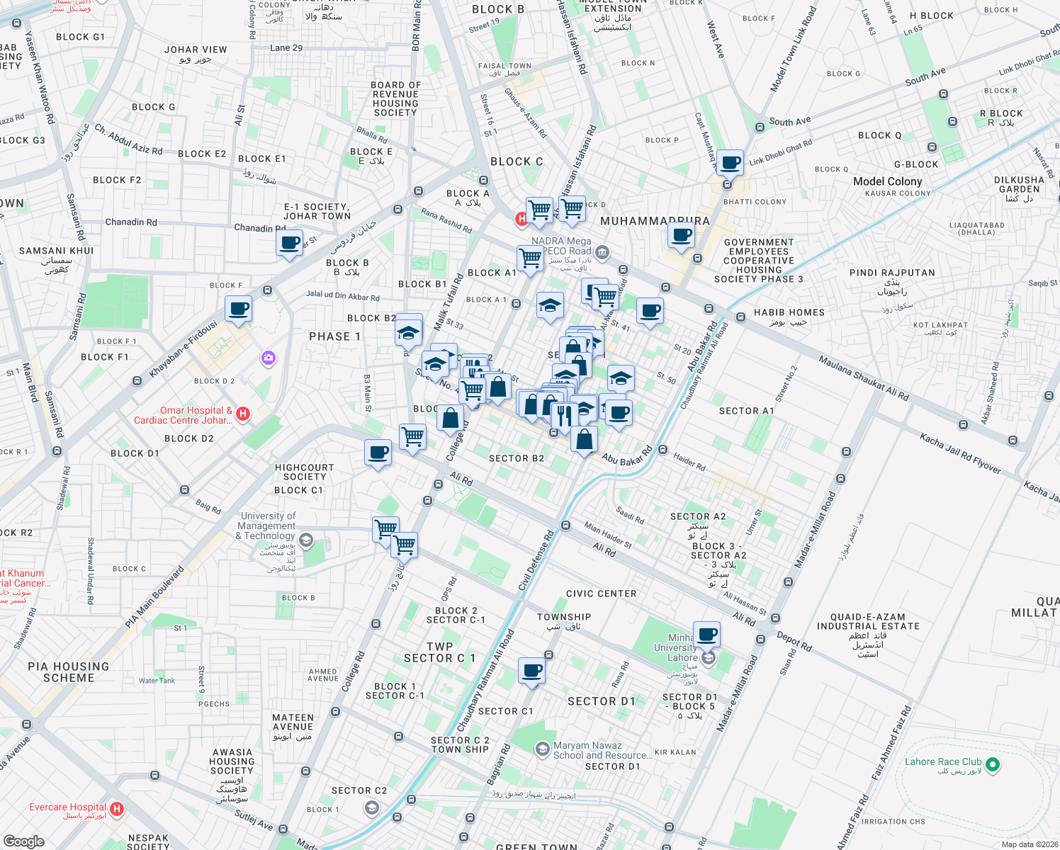 map of restaurants, bars, coffee shops, grocery stores, and more near Abubakar Road in Lahore