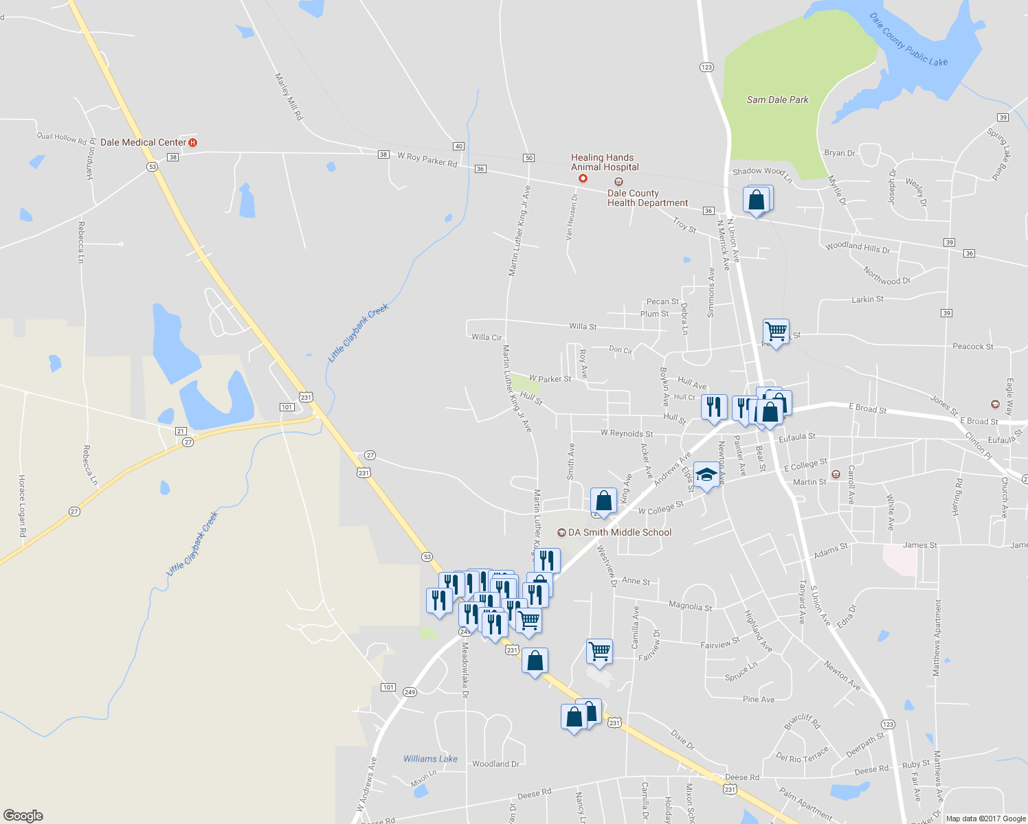 map of restaurants, bars, coffee shops, grocery stores, and more near 139 Brookfield Road in Ozark