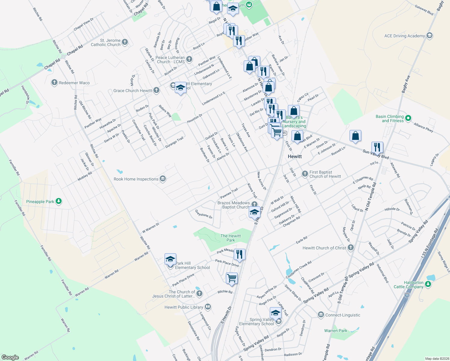 map of restaurants, bars, coffee shops, grocery stores, and more near 109 Fannin Dr in Hewitt