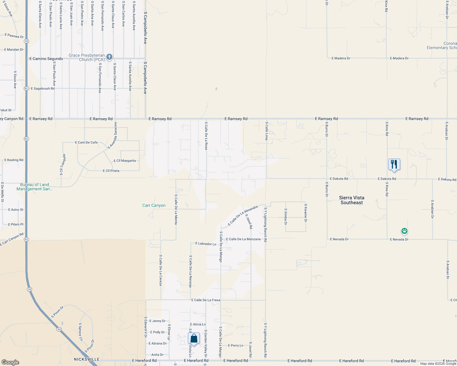map of restaurants, bars, coffee shops, grocery stores, and more near 5742 East Calle De La Palmera in Hereford