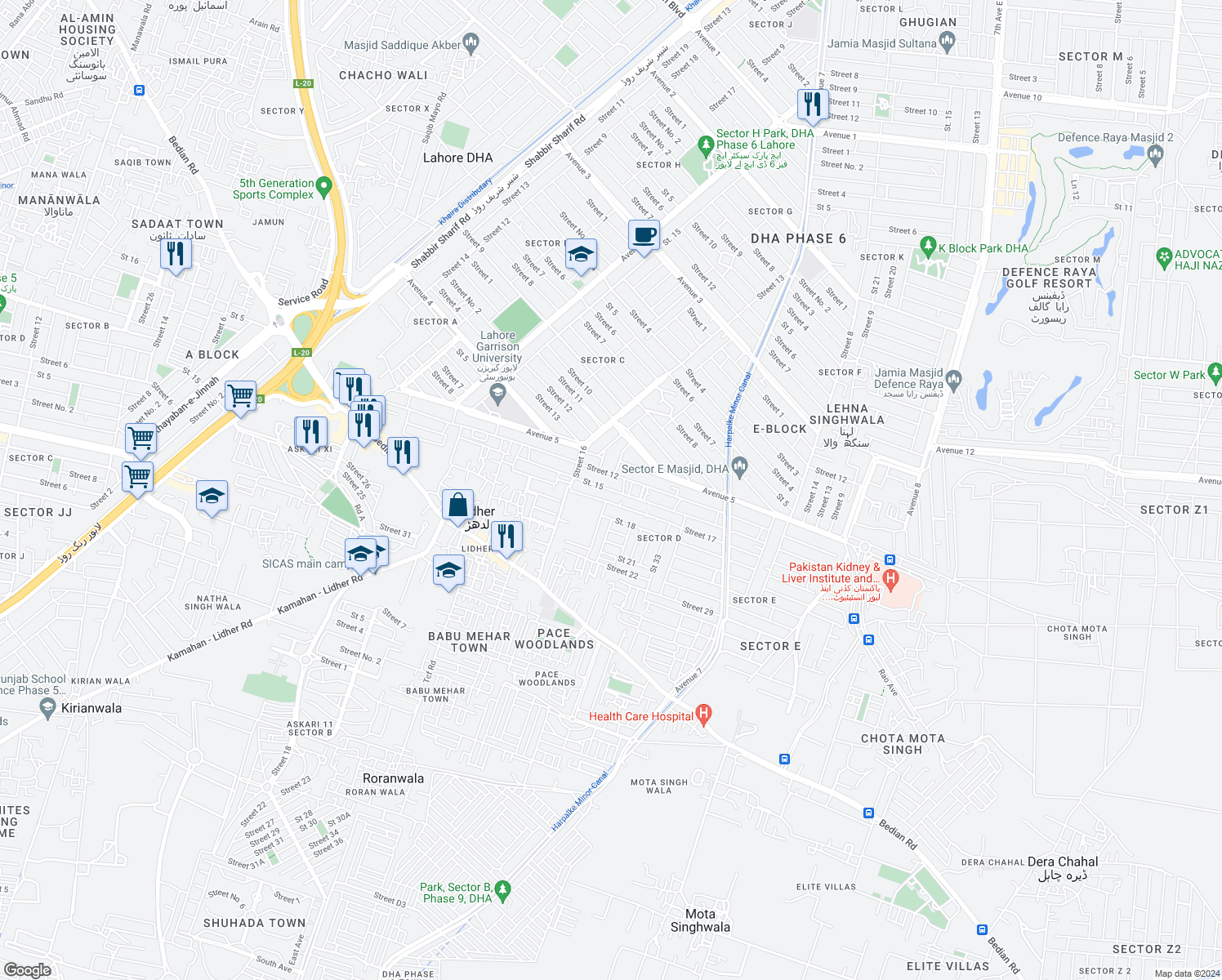 map of restaurants, bars, coffee shops, grocery stores, and more near Street 13 in Lahore