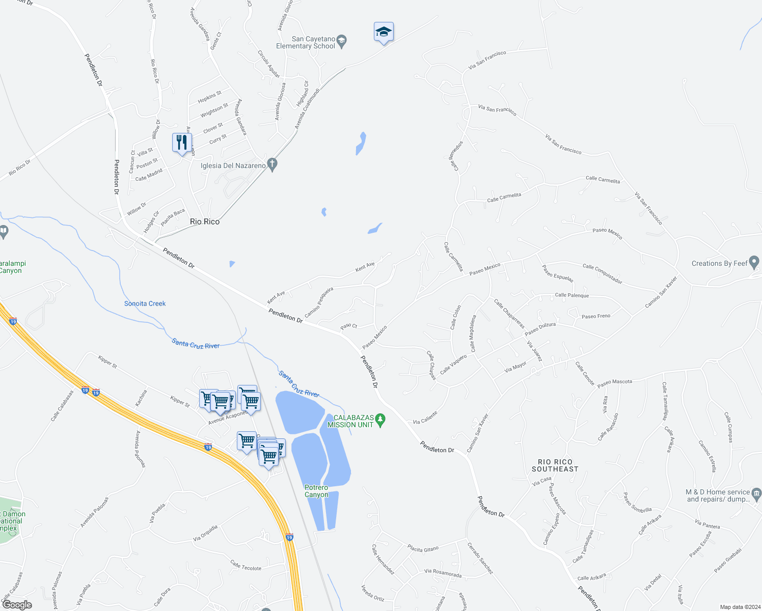 map of restaurants, bars, coffee shops, grocery stores, and more near 79 Paraiso Court in Rio Rico