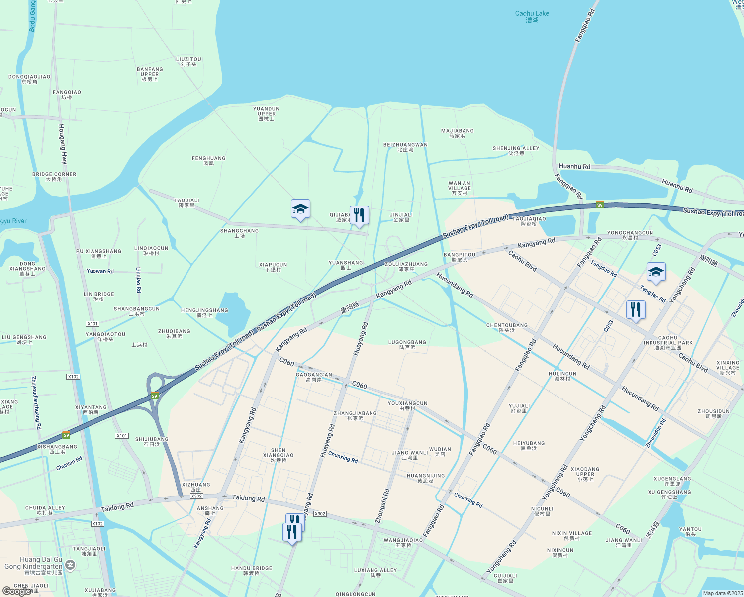 map of restaurants, bars, coffee shops, grocery stores, and more near Kang Yang Lu in Su Zhou Shi