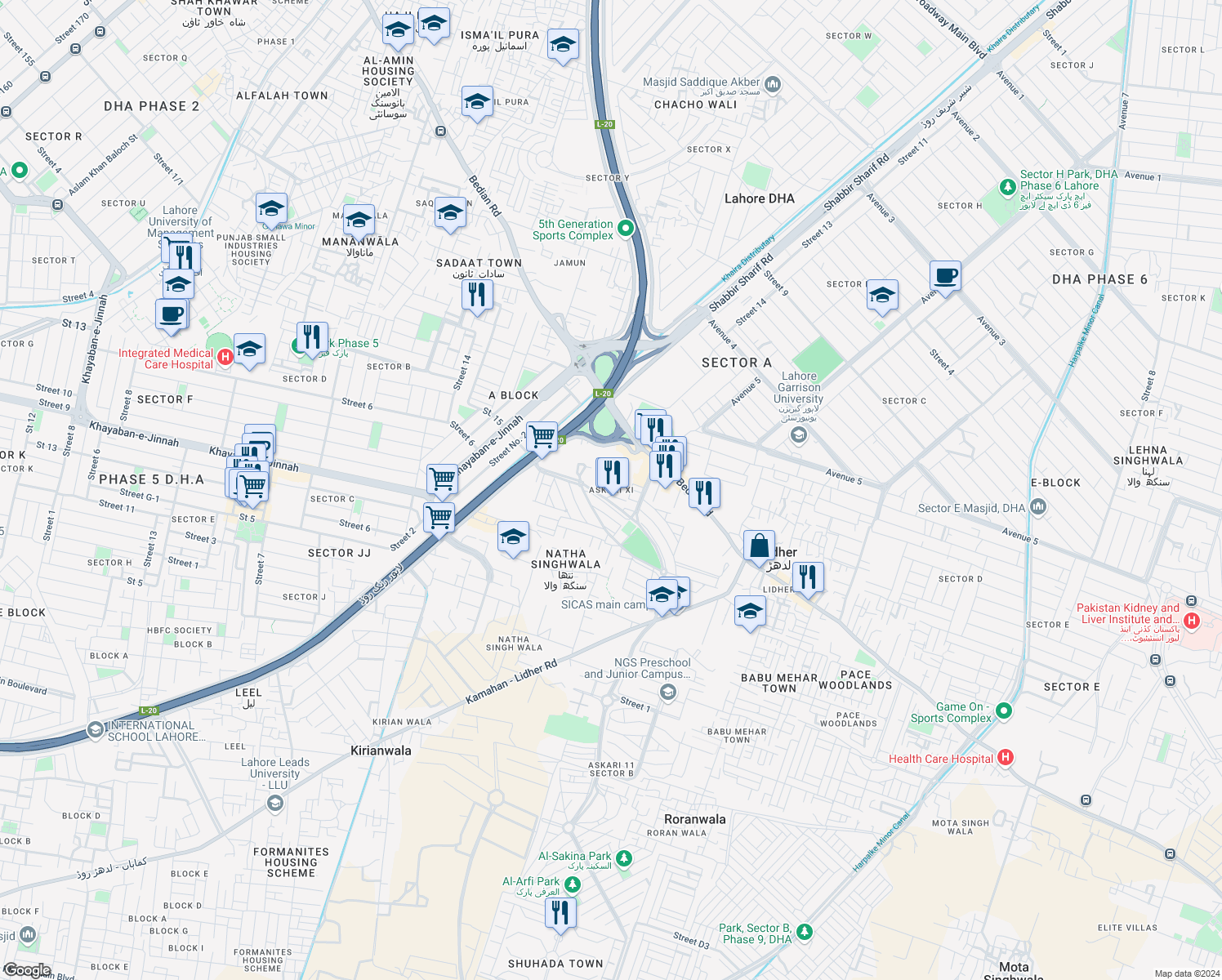 map of restaurants, bars, coffee shops, grocery stores, and more near in Lahore