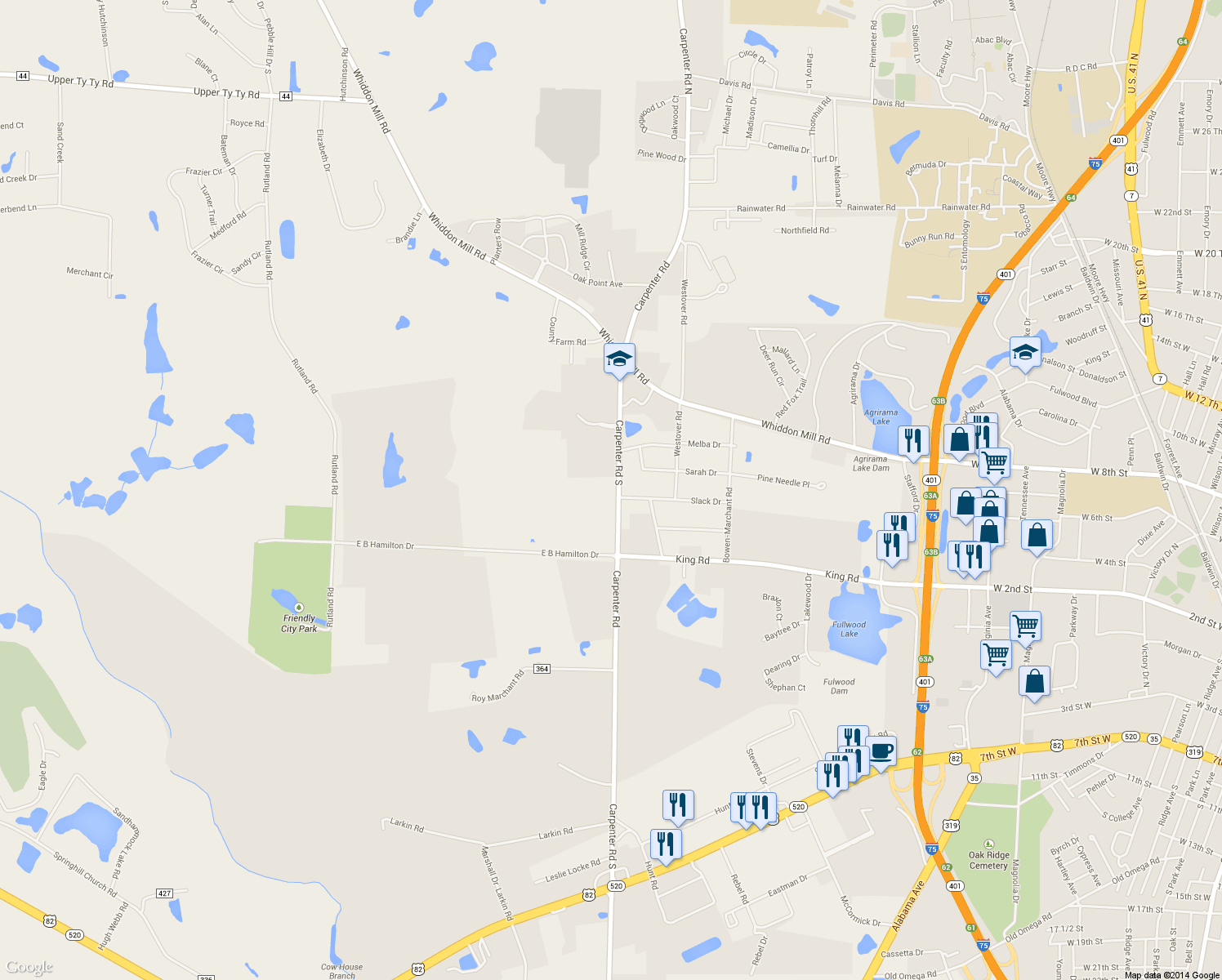map of restaurants, bars, coffee shops, grocery stores, and more near 1482 Carpenter Road South in Tifton