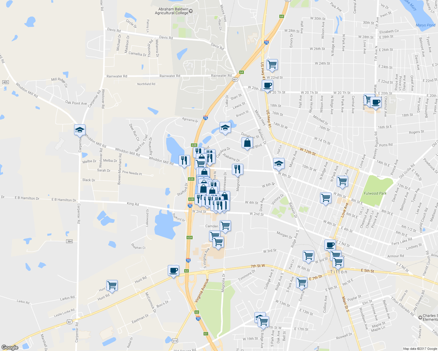 map of restaurants, bars, coffee shops, grocery stores, and more near 909 Florida Drive in Tifton