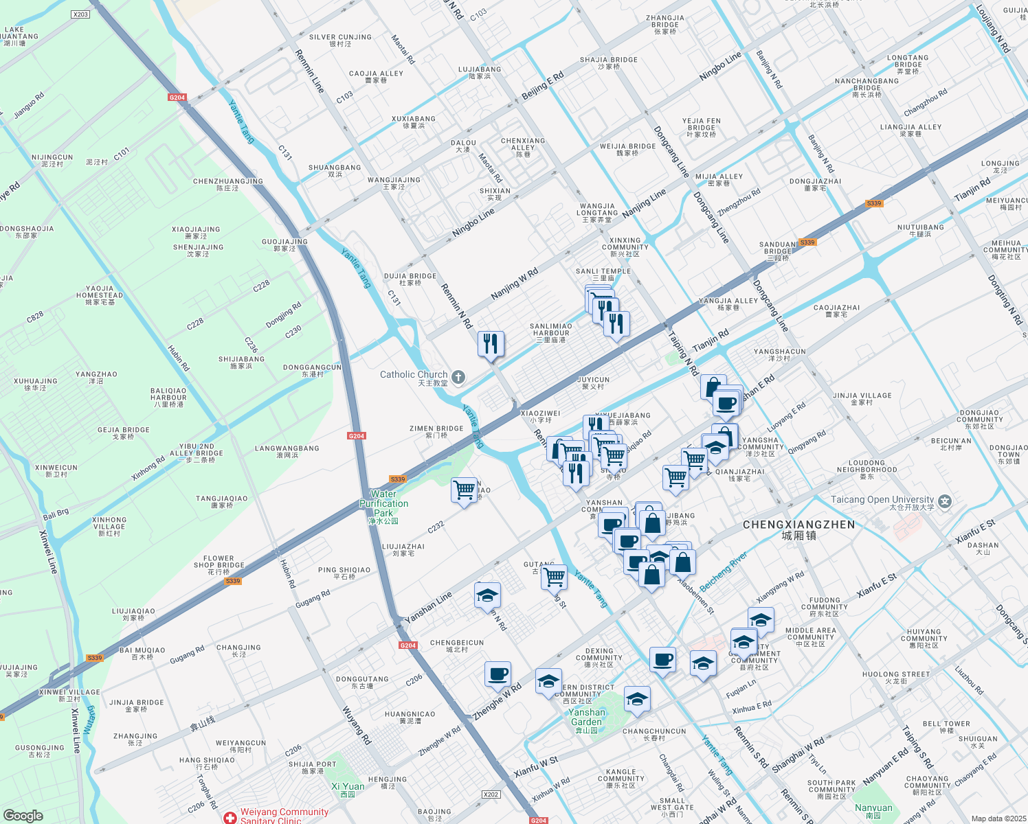 map of restaurants, bars, coffee shops, grocery stores, and more near Su Zhou Lu in Suzhou Shi