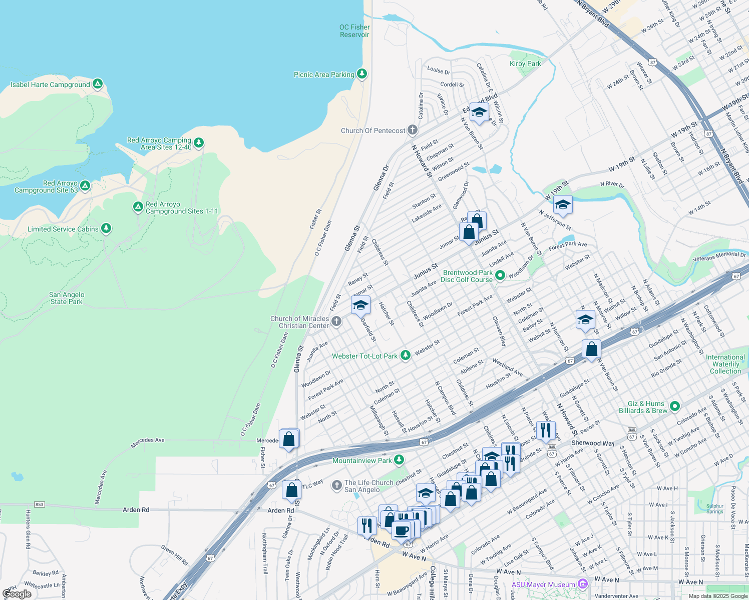 map of restaurants, bars, coffee shops, grocery stores, and more near 2716 Junius Street in San Angelo