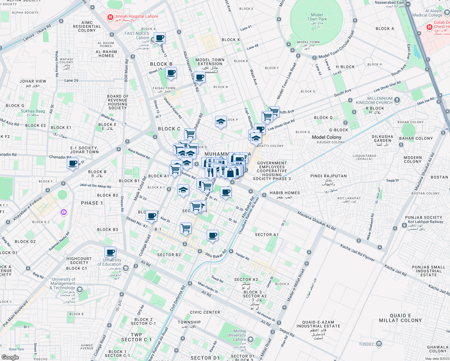 map of restaurants, bars, coffee shops, grocery stores, and more near Maulana Shaukat Ali Road in Lahore