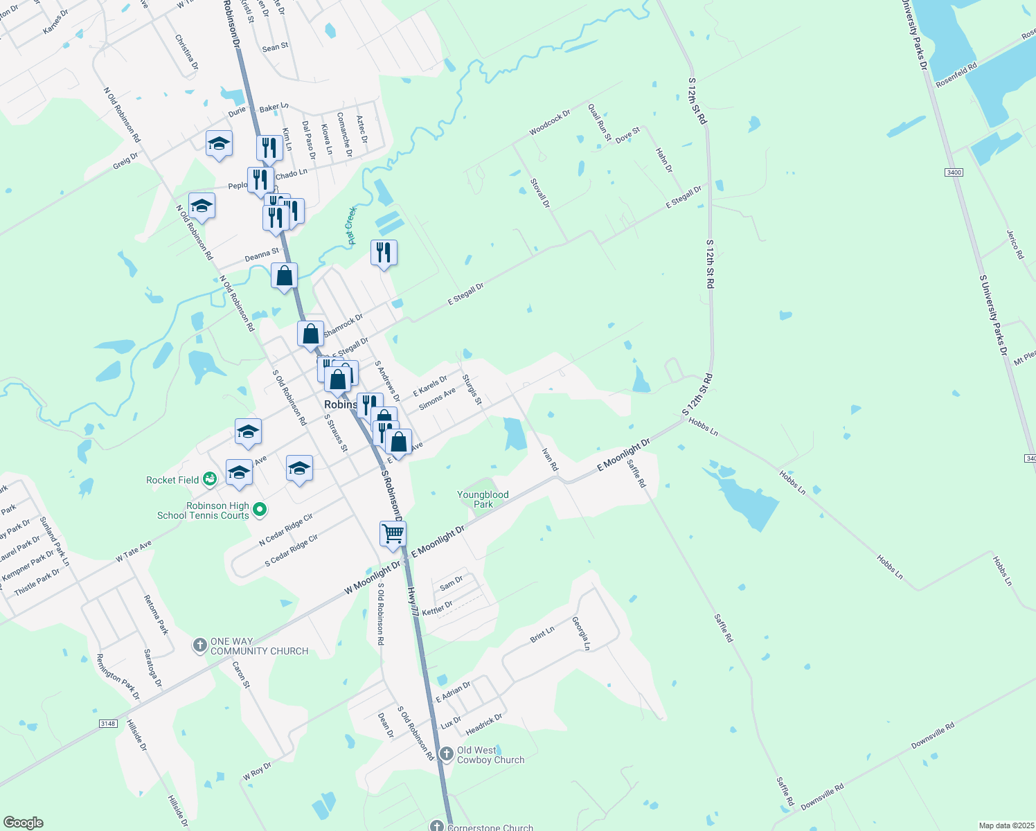 map of restaurants, bars, coffee shops, grocery stores, and more near 709 Ivan Road in Waco