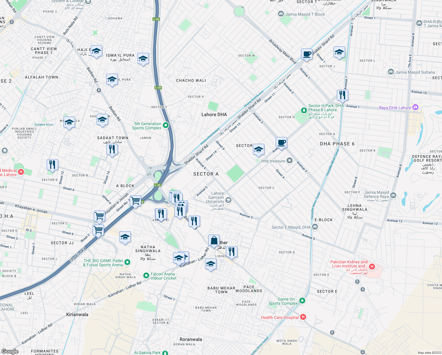 map of restaurants, bars, coffee shops, grocery stores, and more near in Lahore