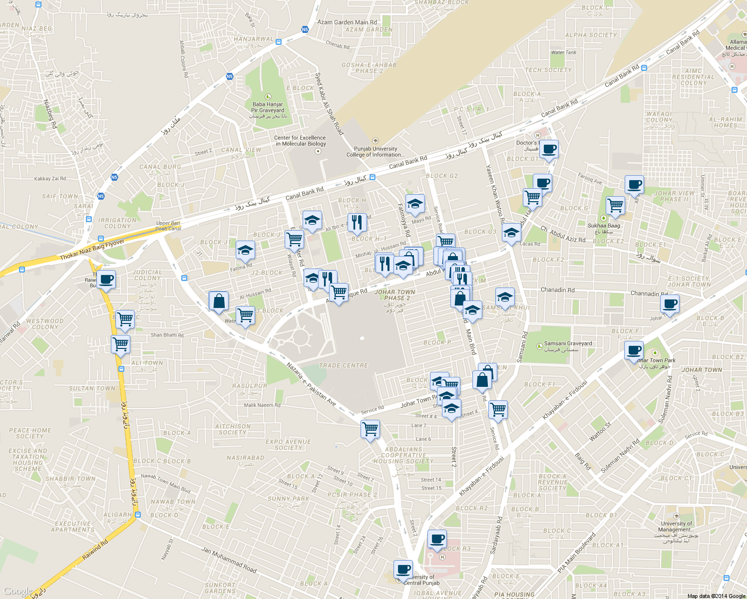 map of restaurants, bars, coffee shops, grocery stores, and more near Abdul Haque Road in Lahore