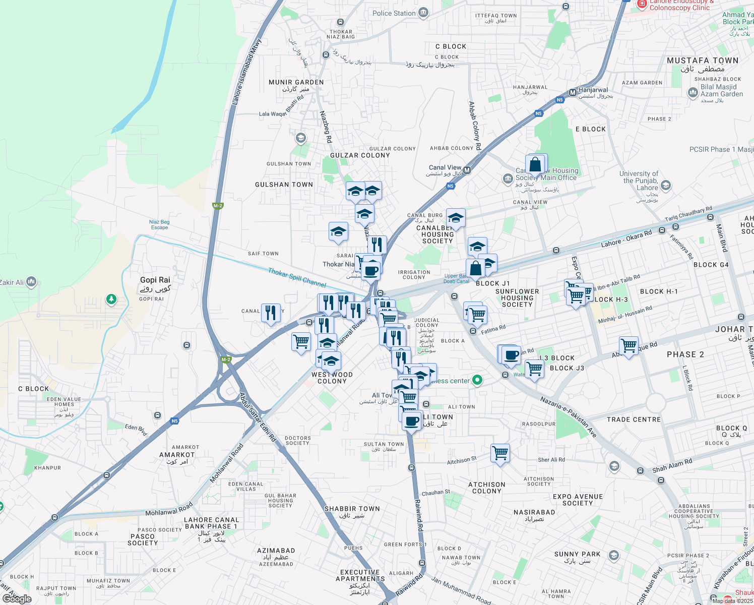 map of restaurants, bars, coffee shops, grocery stores, and more near Thokar Niaz Baig Flyover in Lahore