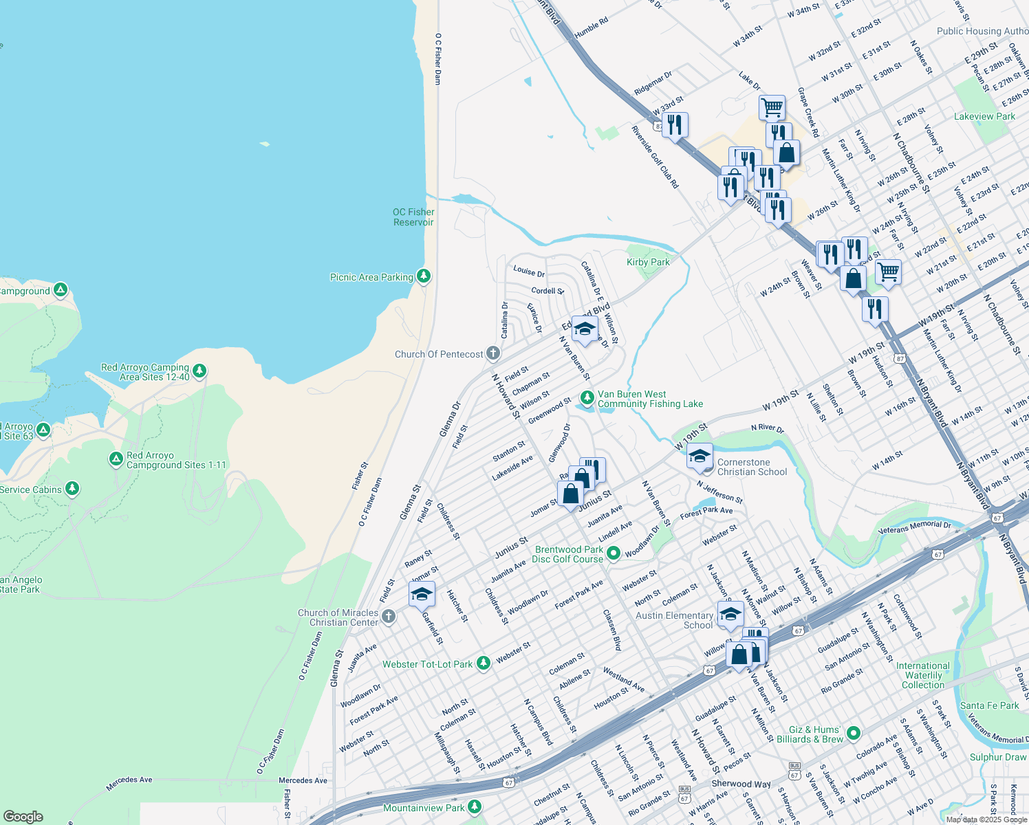 map of restaurants, bars, coffee shops, grocery stores, and more near 2102 Wilson Street in San Angelo