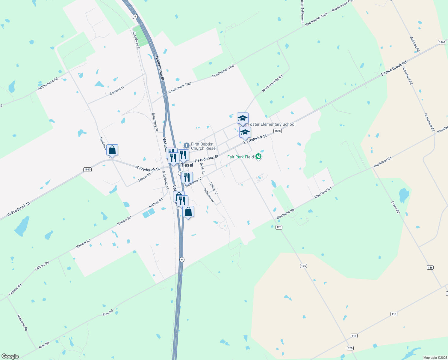 map of restaurants, bars, coffee shops, grocery stores, and more near 208 South Hedwig Street in Riesel