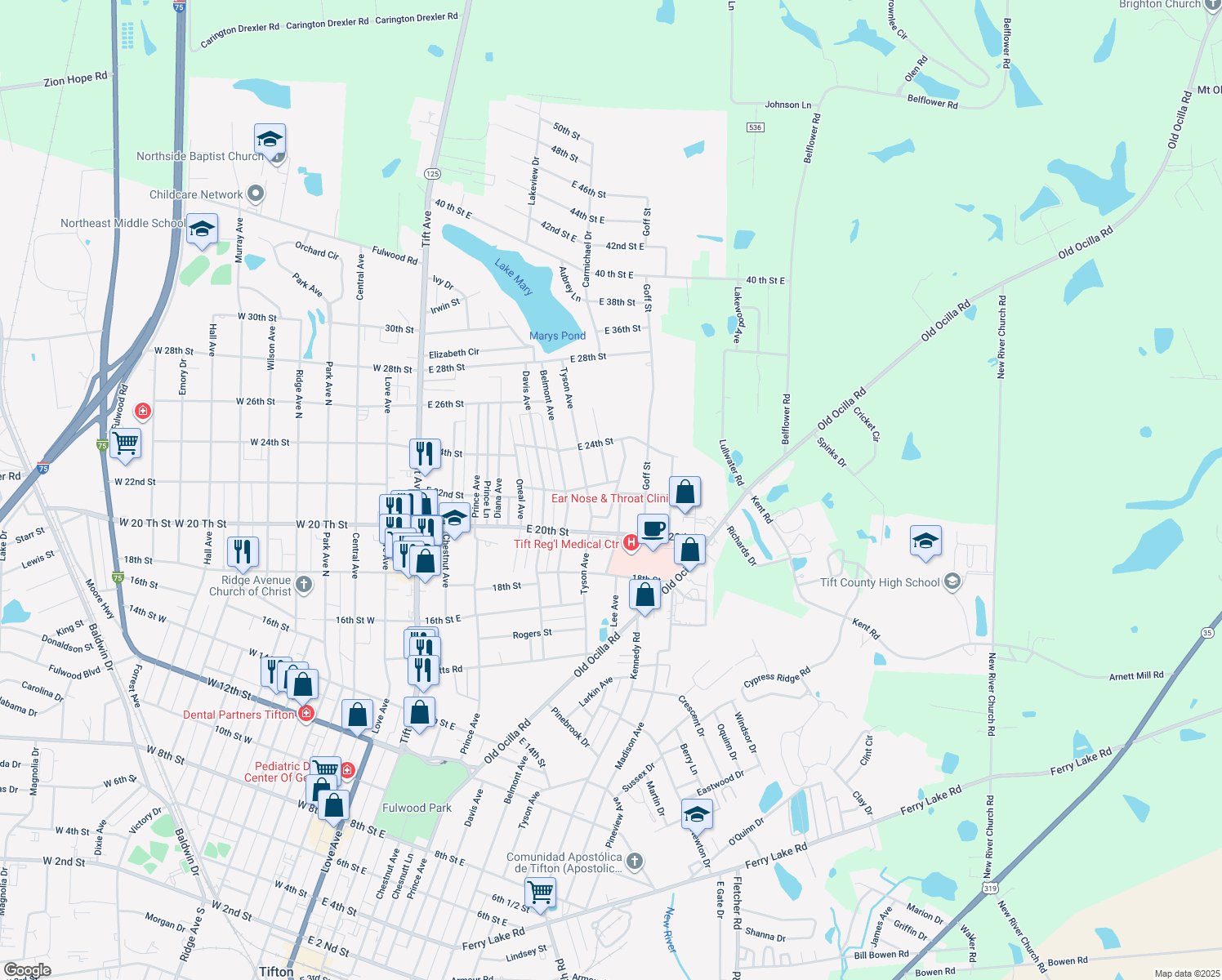 map of restaurants, bars, coffee shops, grocery stores, and more near 2020 Meadowbrook Drive in Tifton