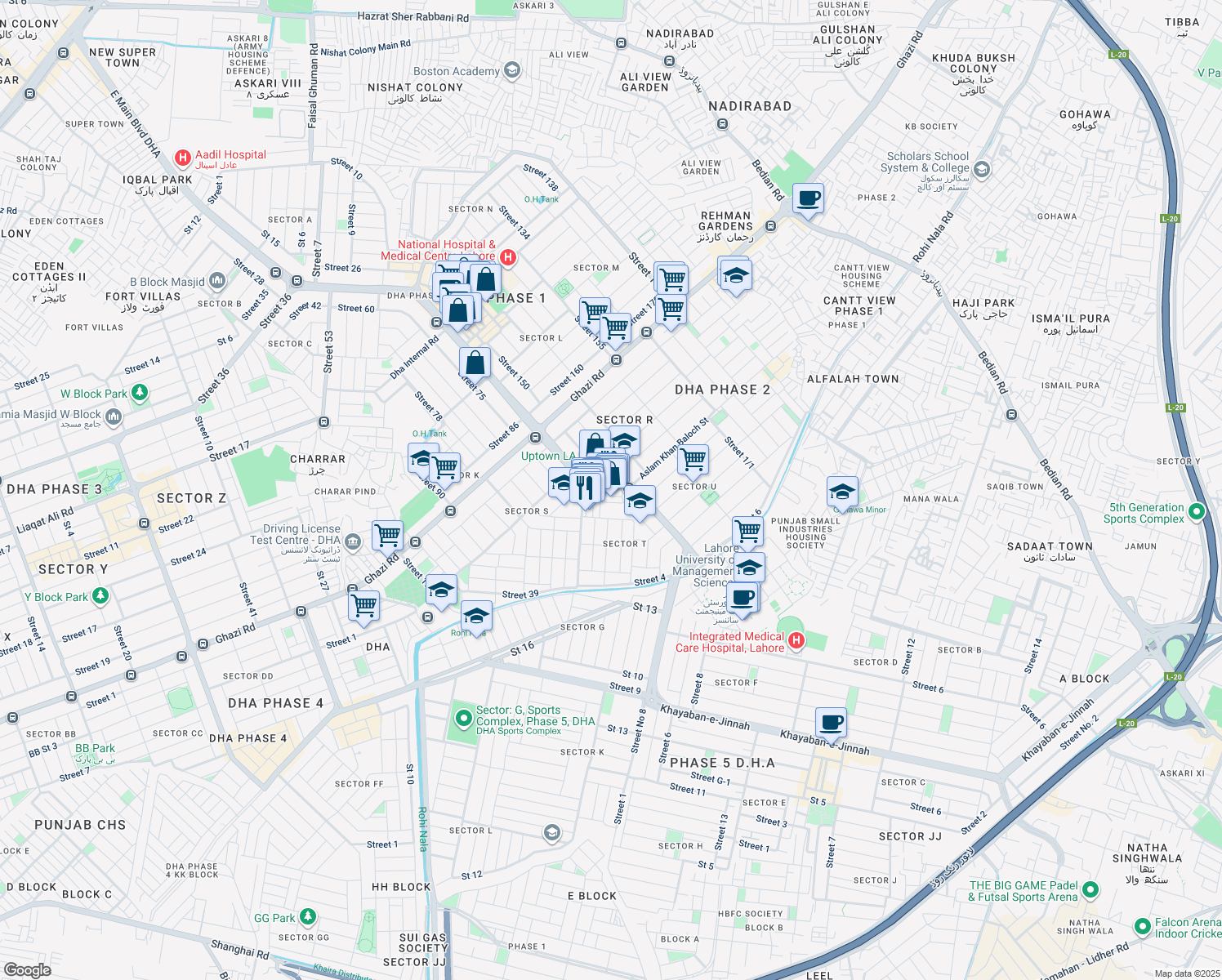 map of restaurants, bars, coffee shops, grocery stores, and more near Lalik Chowk in Lahore