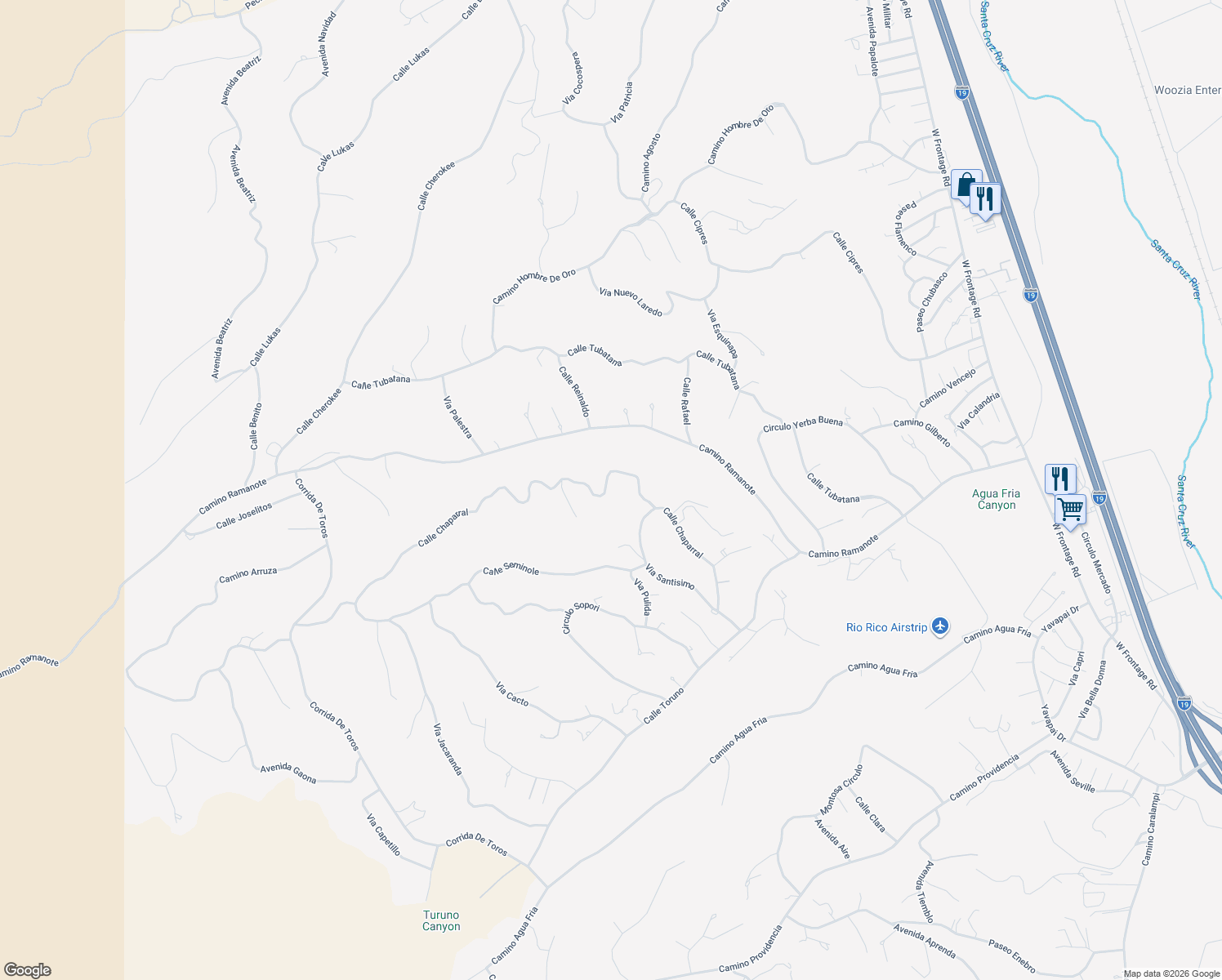 map of restaurants, bars, coffee shops, grocery stores, and more near 1184 Calle Chaparral in Rio Rico